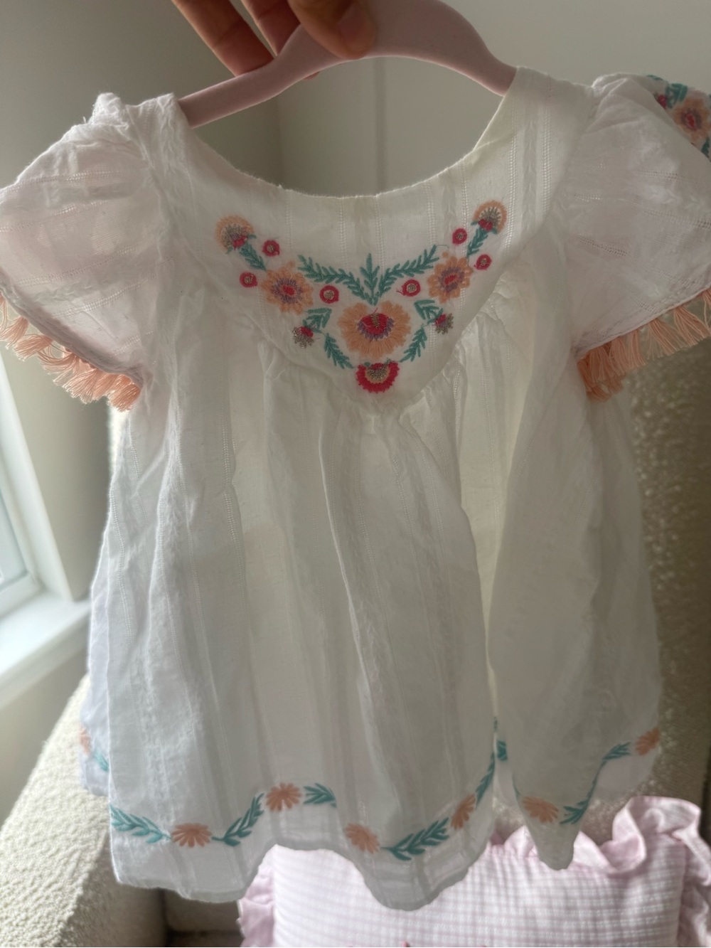 C&C California White Embroidered Peasant Top with Peach and Turquoise Accents